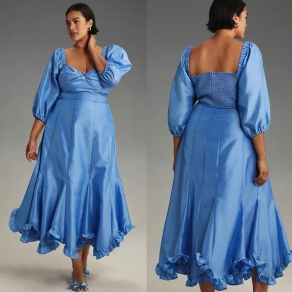 Blue Anthropologie Hutch Twist Front Ruffle Maxi Bridesmaid Wedding Guest Dress - Picture 1 of 6